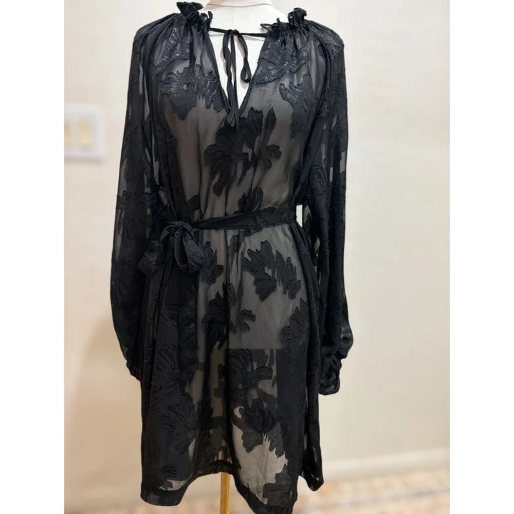 H&M Black Sheer Floral Burnout Balloon Sleeve Tie Waist Dress Size M